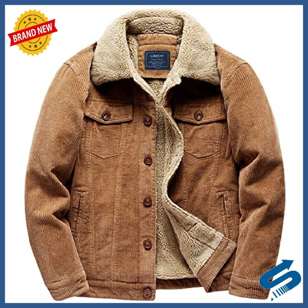 Men's Corduroy Sherpa Lined Trucker Jacket Heavyweight Cotton Winter Coat - Picture 2 of 8